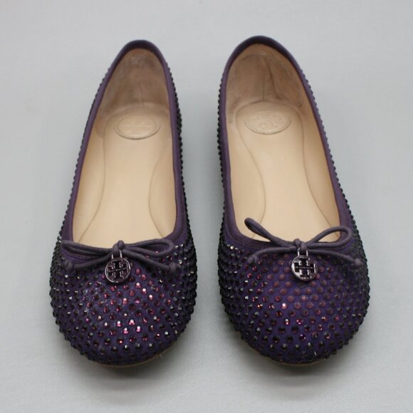 Tory Burch Ladies 10 Purple Suede Leather Crystals Strass Bow Ballet Shoes Flats - Picture 5 of 12